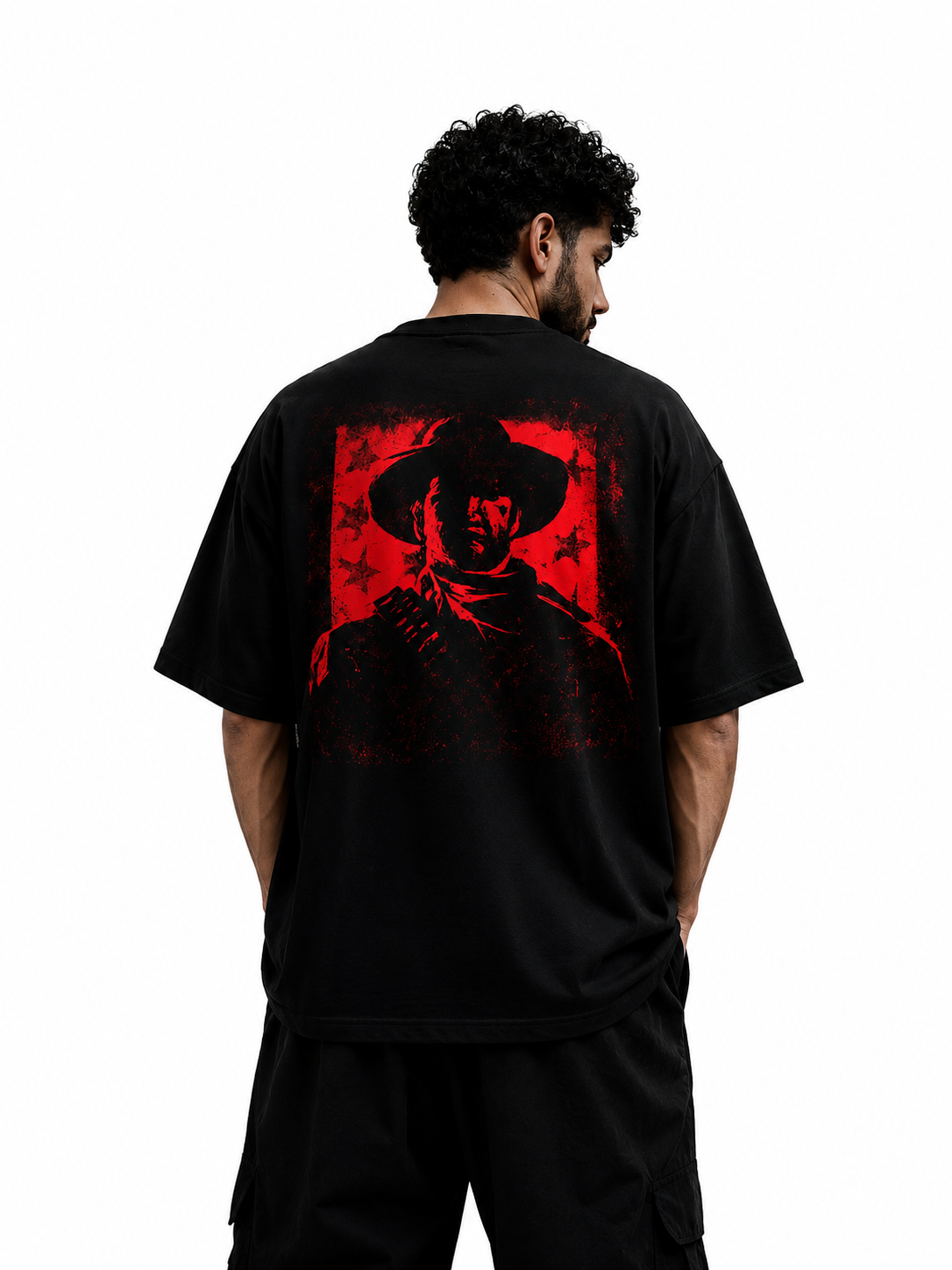 Back view of Blood Moon Cowboy oversized graphic T-shirt featuring a red cowboy graphic by V-Era Haus