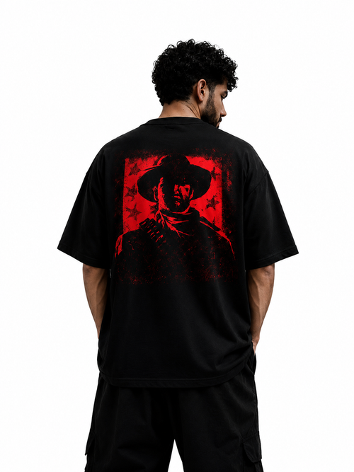 Back view of Blood Moon Cowboy oversized graphic T-shirt featuring a red cowboy graphic by V-Era Haus