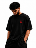 Model wearing Blood Moon Cowboy oversized graphic T-shirt in black by V-Era Haus