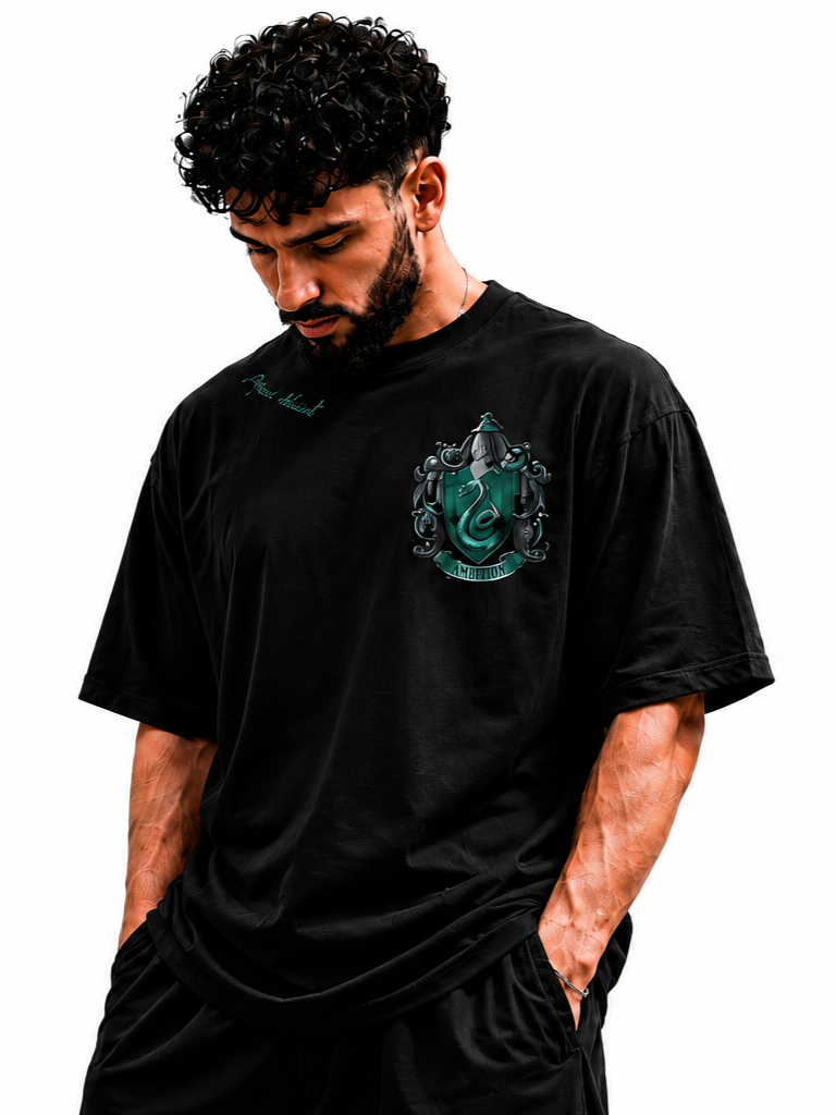Model wearing Shadow Serpent graphic oversized T-shirt by V-Era Haus