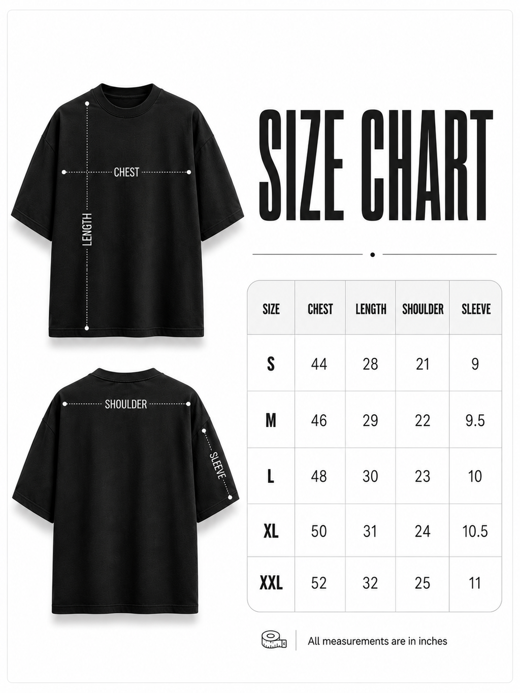 Size chart for oversized graphic T-shirt