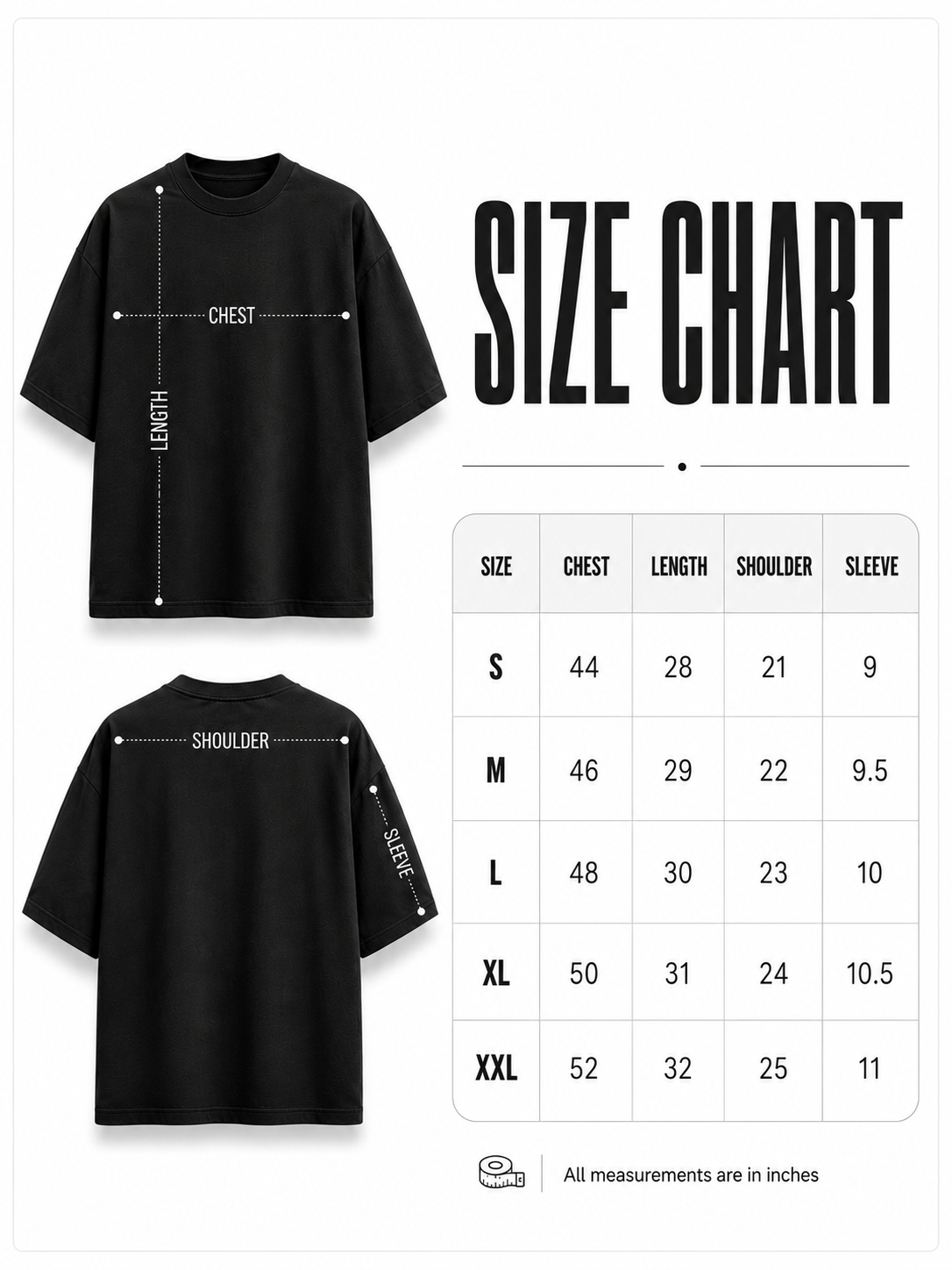 Size chart for oversized graphic T-shirt
