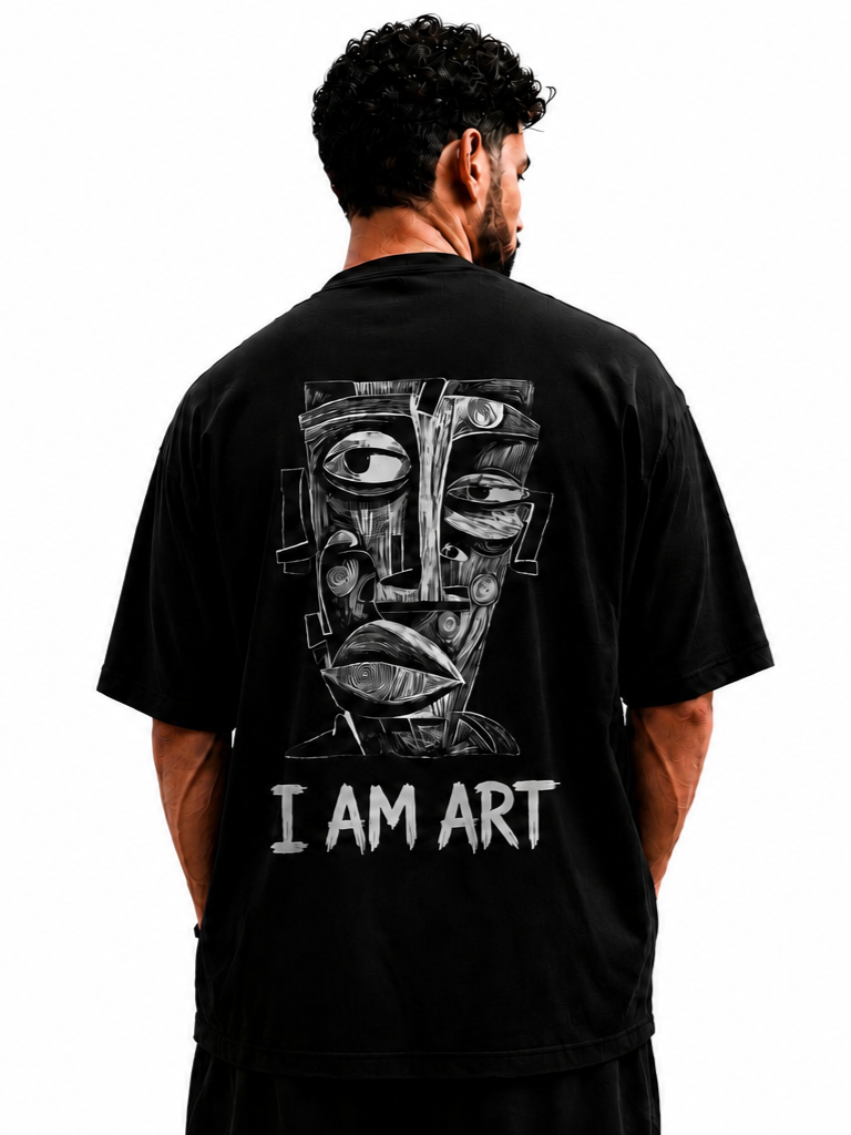 Model wearing The Artist Within oversized graphic T-shirt by V-Era Haus