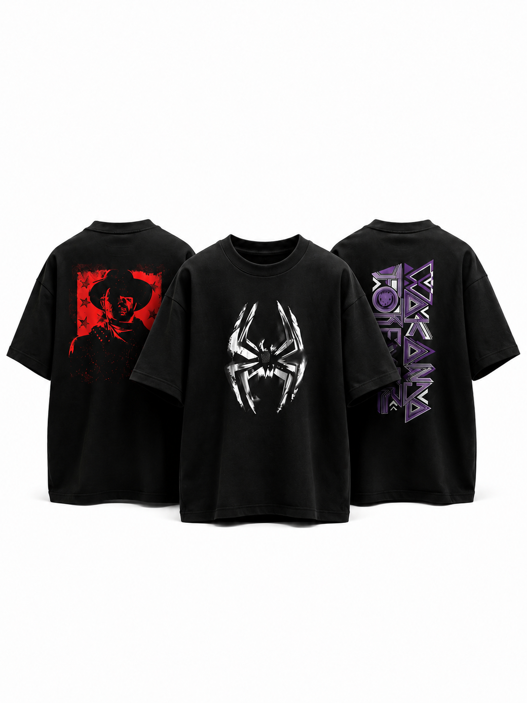 The Trilogy oversized graphic T-shirt combo featuring Eclipse Spider, Midnight Legacy and Blood Moon Cowboy by V-Era Haus